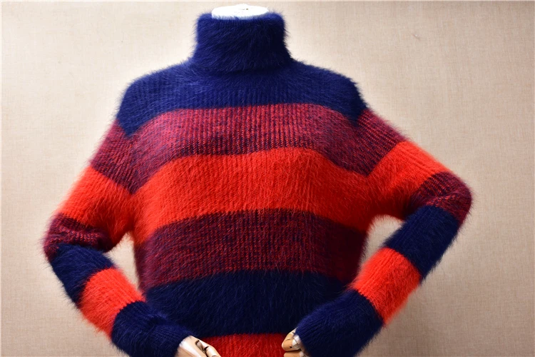 Female Women Fall Winter Clothing Soft Hairy Colored Angora Rabbit Hair Knitted Turtleneck Striped Loose Long Sweater Dress Pull