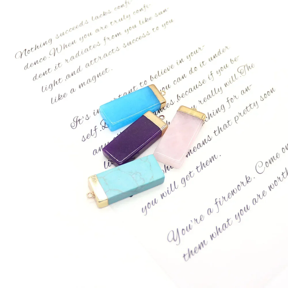 1pc Rectangular Natural Stone Crystal Turquoise Half-Wrapped Single-Hole Geometric Minimalist Pendant DIY Fashion Jewelry Gifts