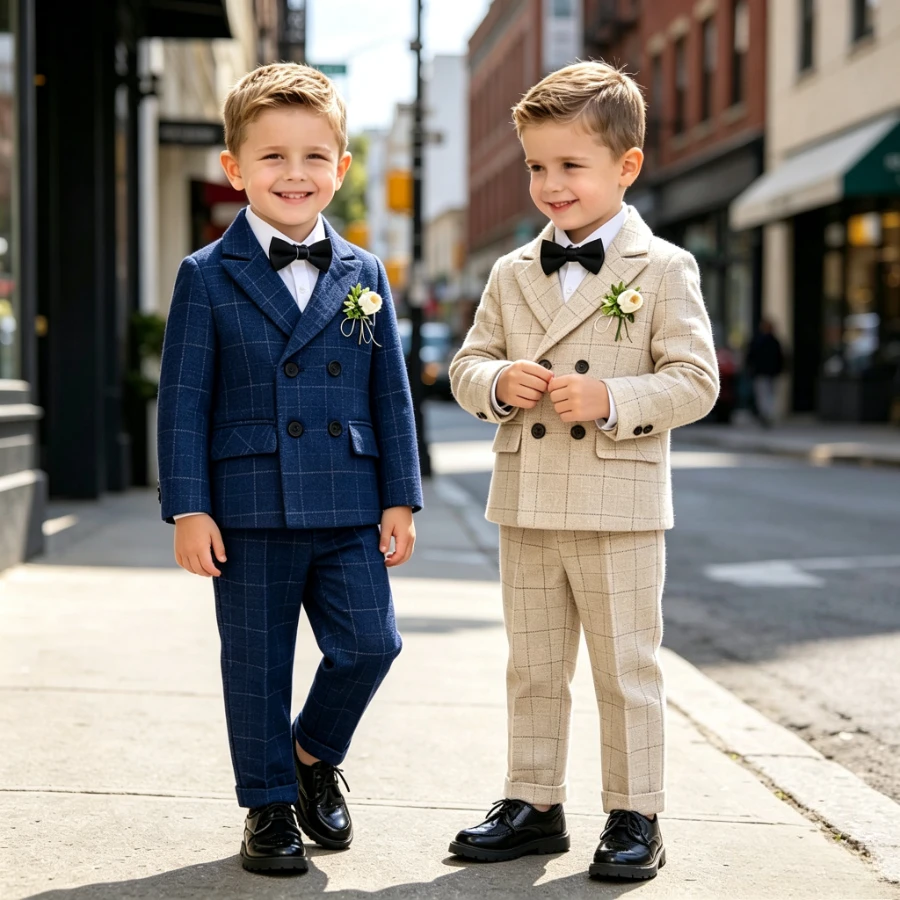 Boys Plaid Double Breasted Fleece Suit Winter Outfit Shirt Trousers Brooch  Bow Kids Wedding Ring Bearer Piano Costume 1-12Years
