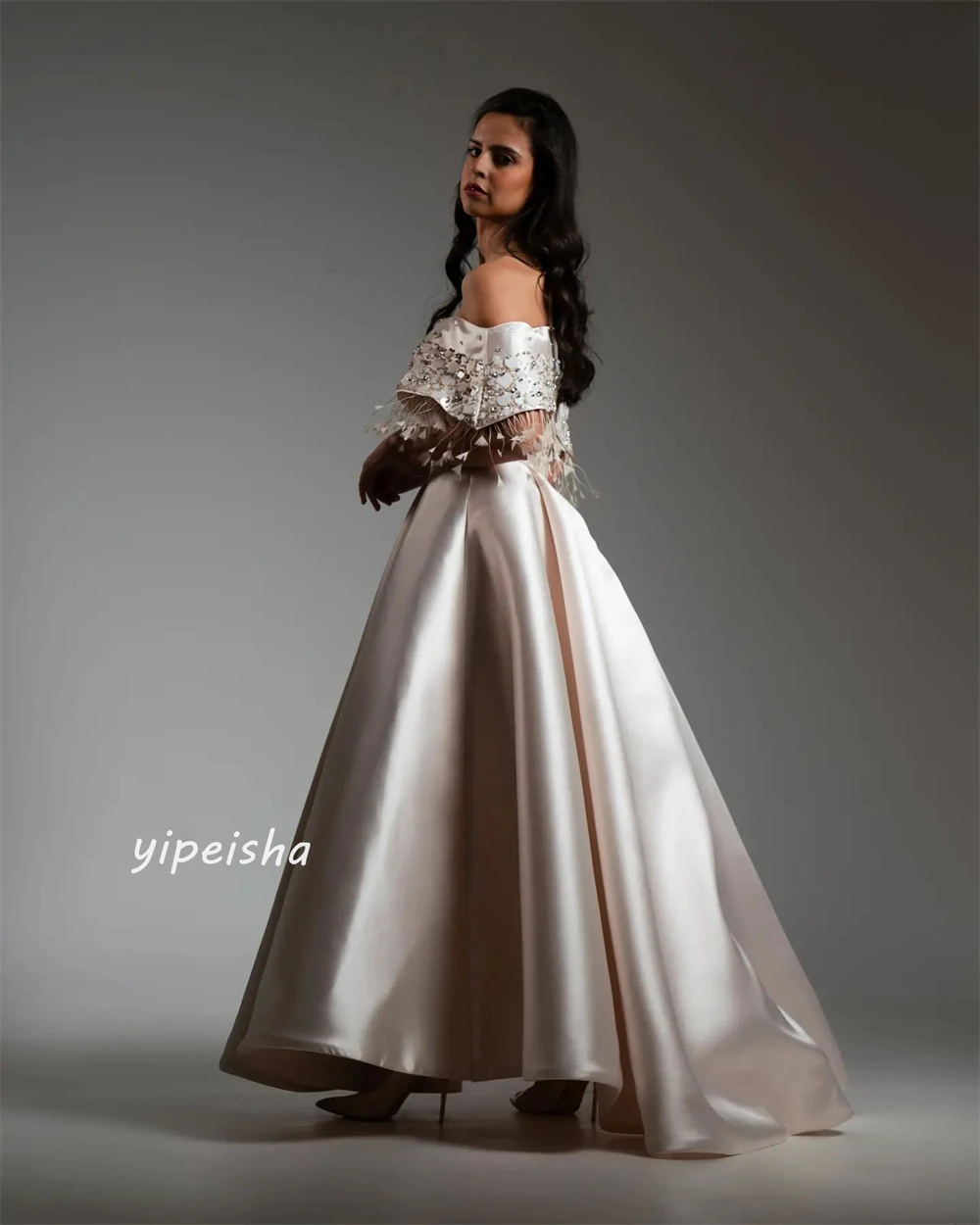 Prom Dress Satin Draped Beading Tassel  A-line Off-the-shoulder Bespoke Occasion Gown Long Dresses