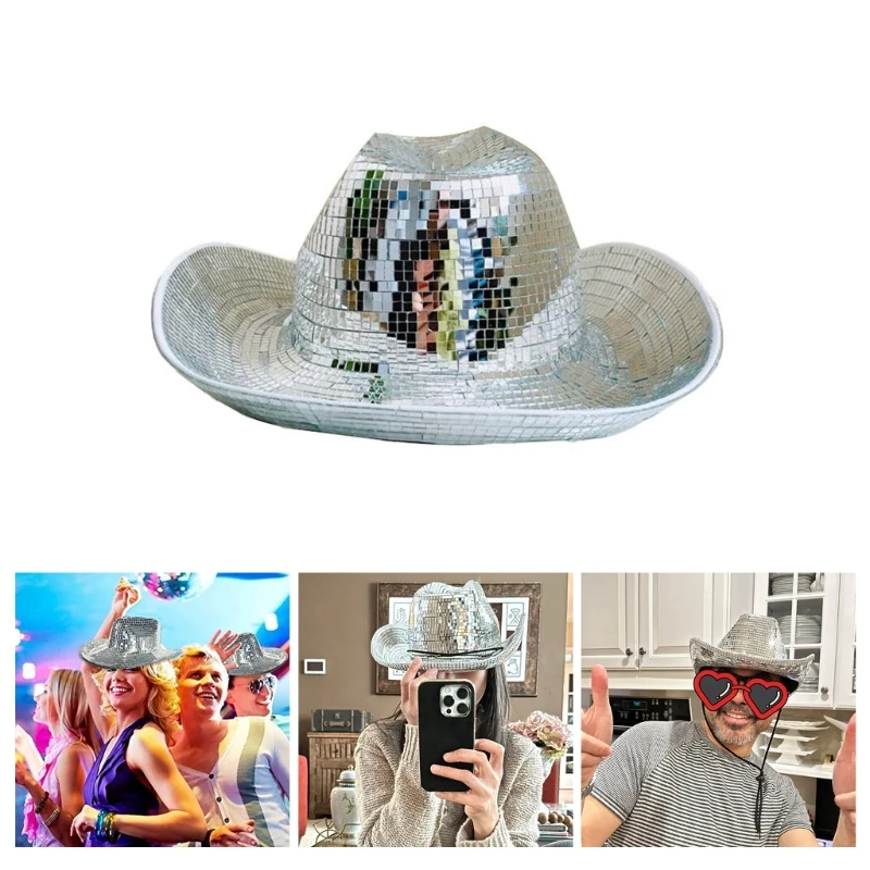 

Club Party Disco Ball Cowboy Hat Women Men Mirrored Cap Costume Cosplay Ornament Music Festival Carnival Cowgirl Hat Photo Props