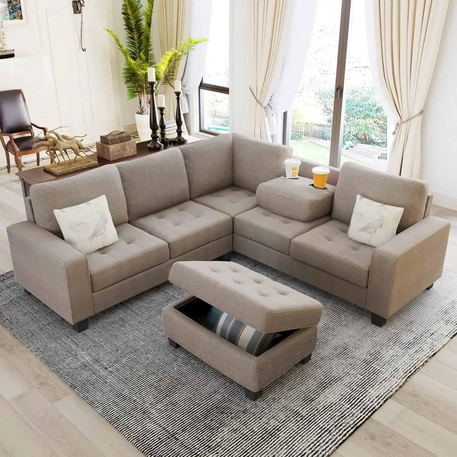 

Sectional Sofa Couches with Reversible Chaise Storage Ottoman and Cup Holders, Sofa Lounge and Ottoman for Living Room Furniture