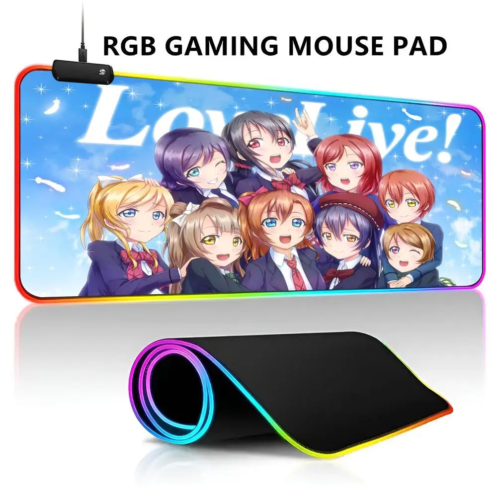 Love Live-alfombrilla de ratón con luz LED RGB para Gaming, Alfombra de ratón grande para Gamer, resistente al agua, teclado grande, PC, alfombrilla de juego de escritorio con respaldo