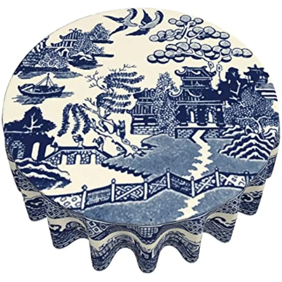 Chinese Blue Willow Soft Microfiber Round Table Cloth,Stain Wrinkle Resistant Washable Polyester 60 Inch Tablecloth for Dining