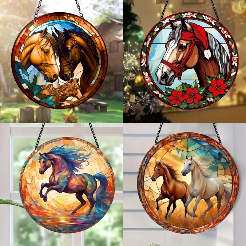 Horse Pattern Stained Suncatcher for Window Hanging Panel Home Bedroom Vintage Decor Acrylic Wall Pendant Garden Ornaments Gift