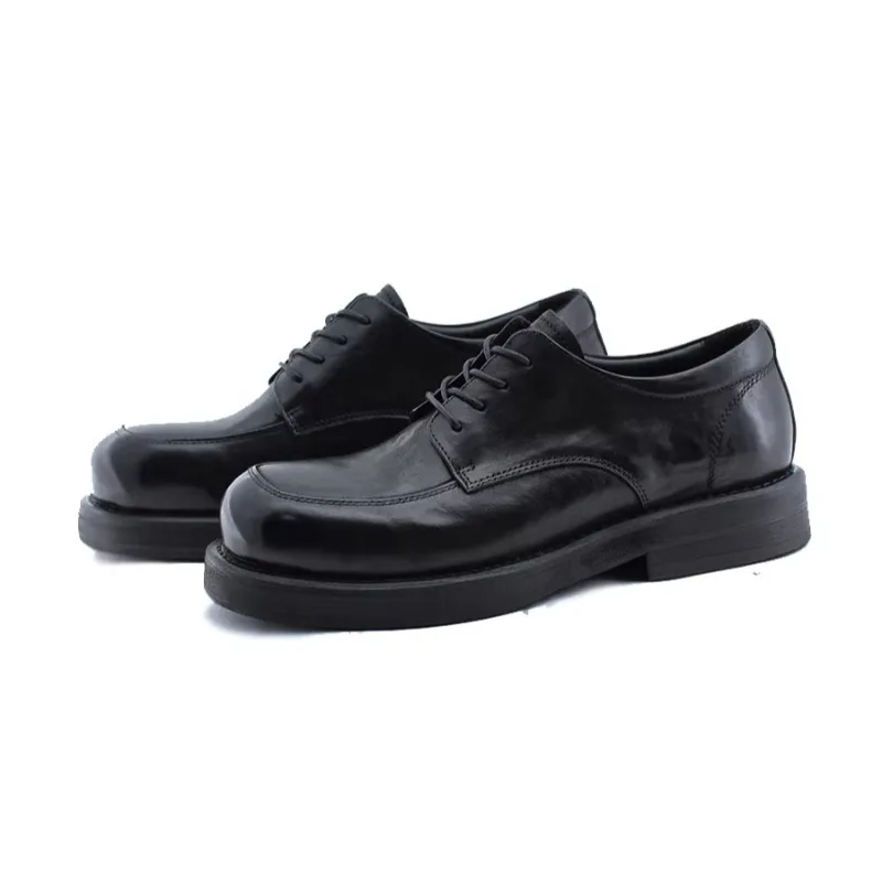 High Quality Washed Genuine Leather Shoes Men's Black Casual Lace Up Thick Soled Dress Office Wedding Single Shoes Male