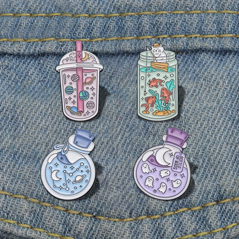 

Kitten Cat Fishing Enamel Pins Custom Cosmic Planet Milk Tea Wishing Bottle Brooches Lapel Badges Jewelry Gift for Friends