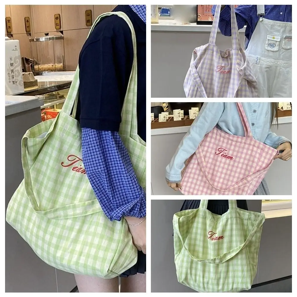 Fashion Letter Plaid Shoulder Bag Candy Color Korean Style Canvas Tote Bag Handbag Purse Large Capacity Crossbody Bag Daily