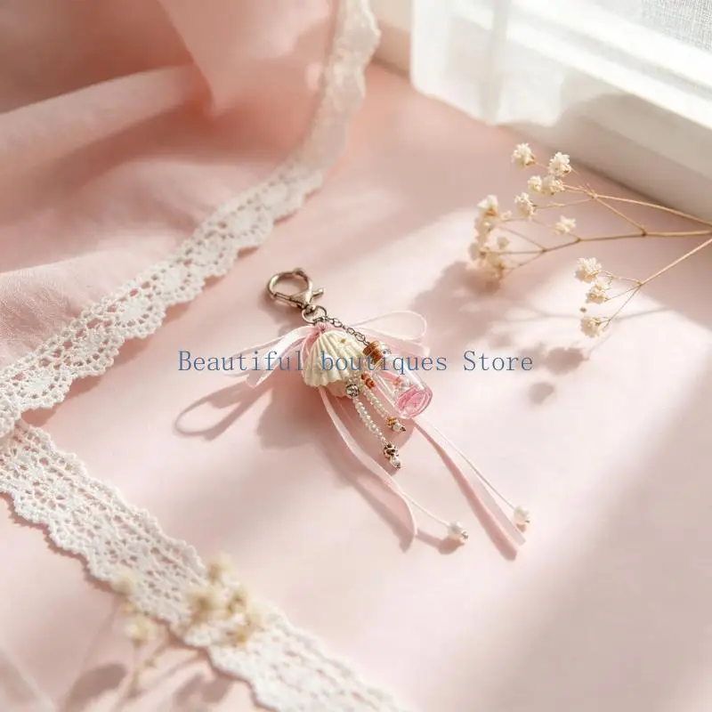 U4LF Decorative Key and Bag Charm with Shell Centerpiece, Ribbon Accent and Corked Bottle Detail for Everyday Carry Use