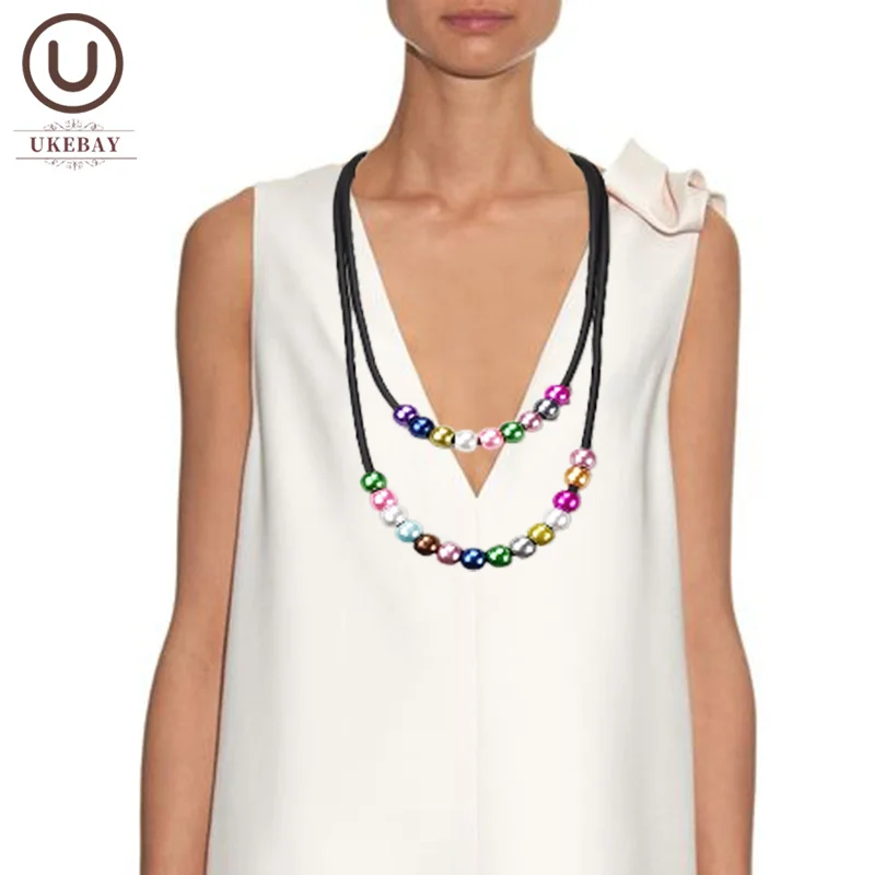 UKEBAY-Double-Layered Collar Pérola Colorido, Cadeia de Borracha, Simples Handmade Jóias, Acessórios de vestuário, Colar, Novo