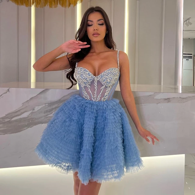 Robe de Rhcourte bleu clair pour femme robe de cocktail sexy a col spaghetti zones en tulle fete de mariage quelque soit 2023 AliExpress