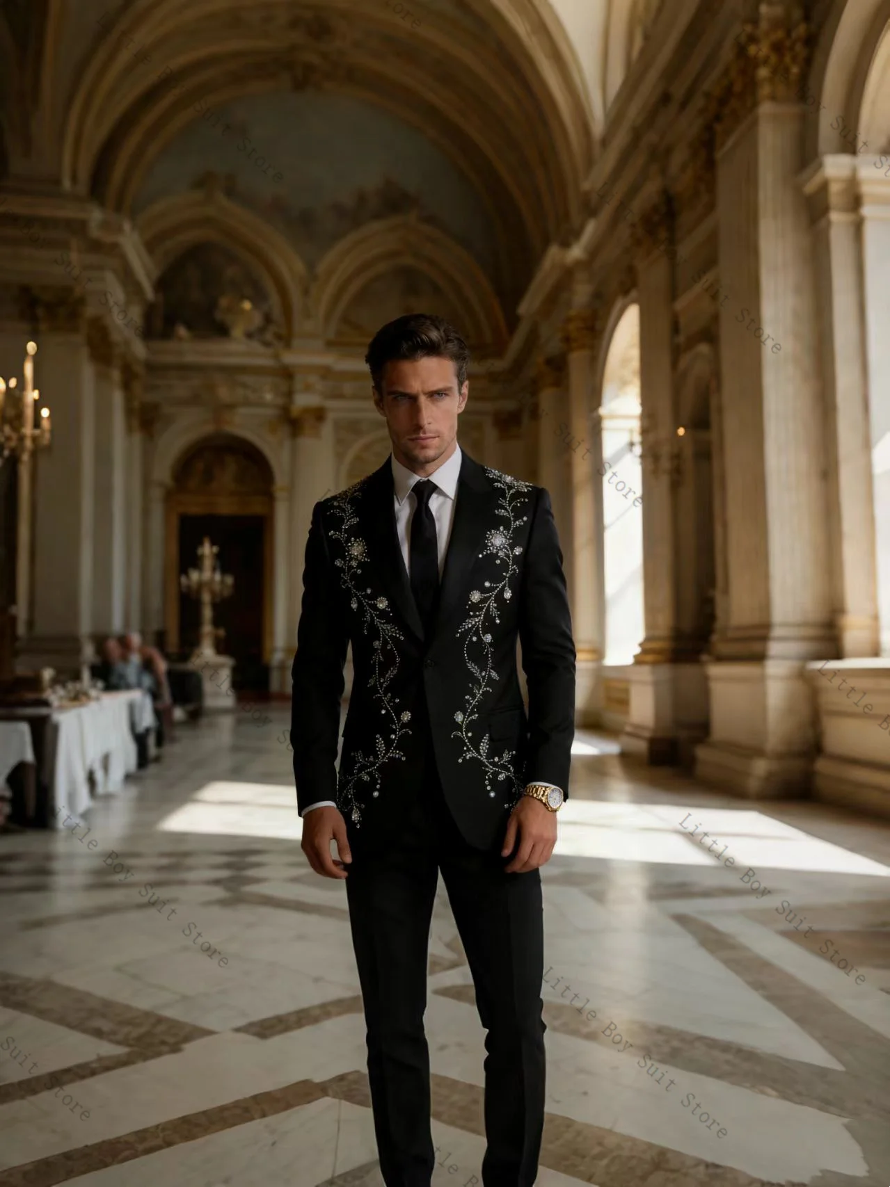 

Black Crystals Men Suit Set 2 Piece Jacket Blazer Pants Trousers Wedding Tuxedos Cotton Formal Office Party Coat Customized