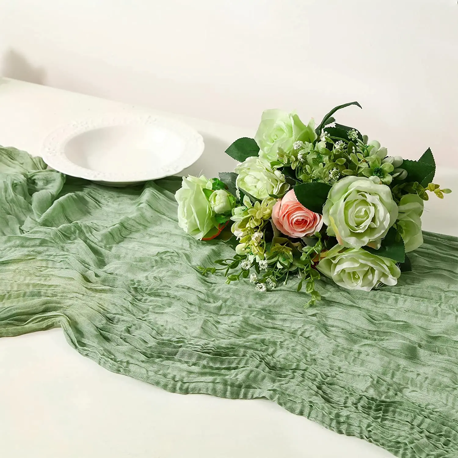 

Wholesale soft sage green dining boho table runner wedding gauze cheesecloth table runner