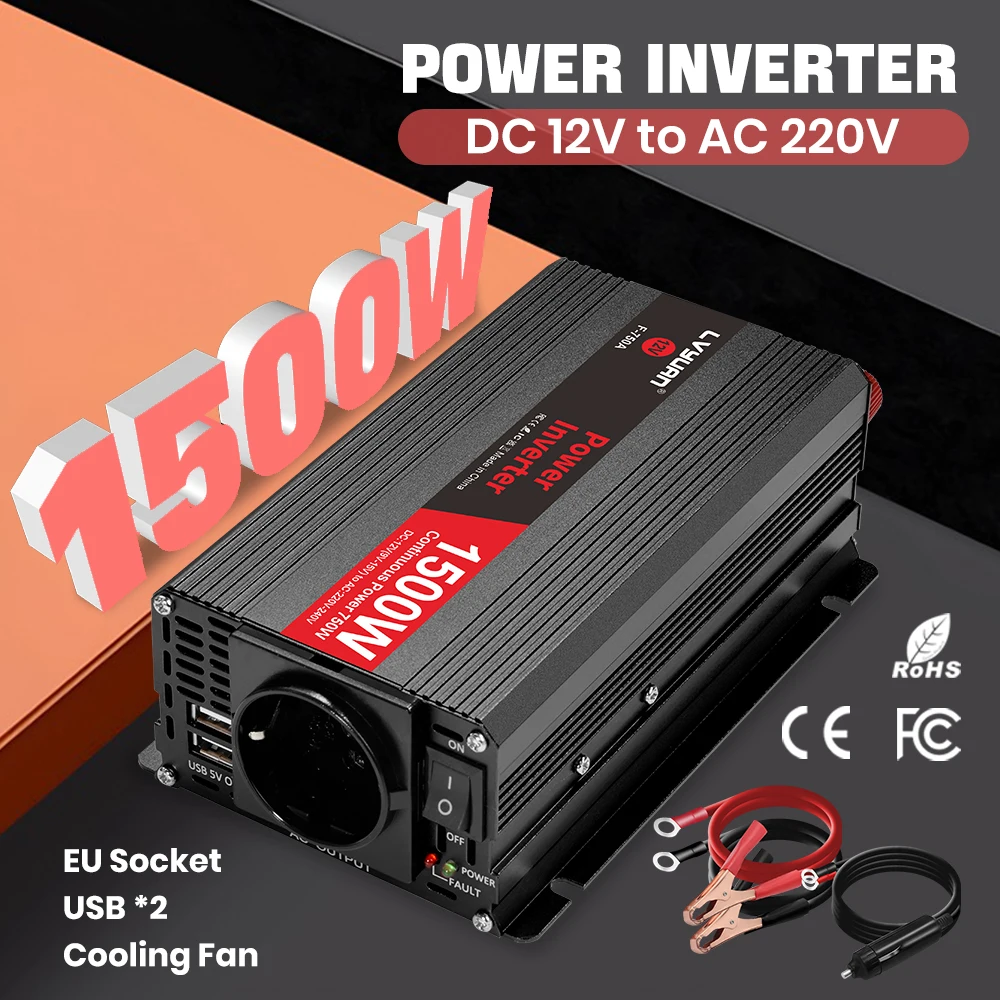 Onduleur de puissance de voiture 1500W 2600W DC 12V AC 220V 230V, convertisseur de tension, affichage LCD, double USB, prise ue 50Hz pour camping-car et maison