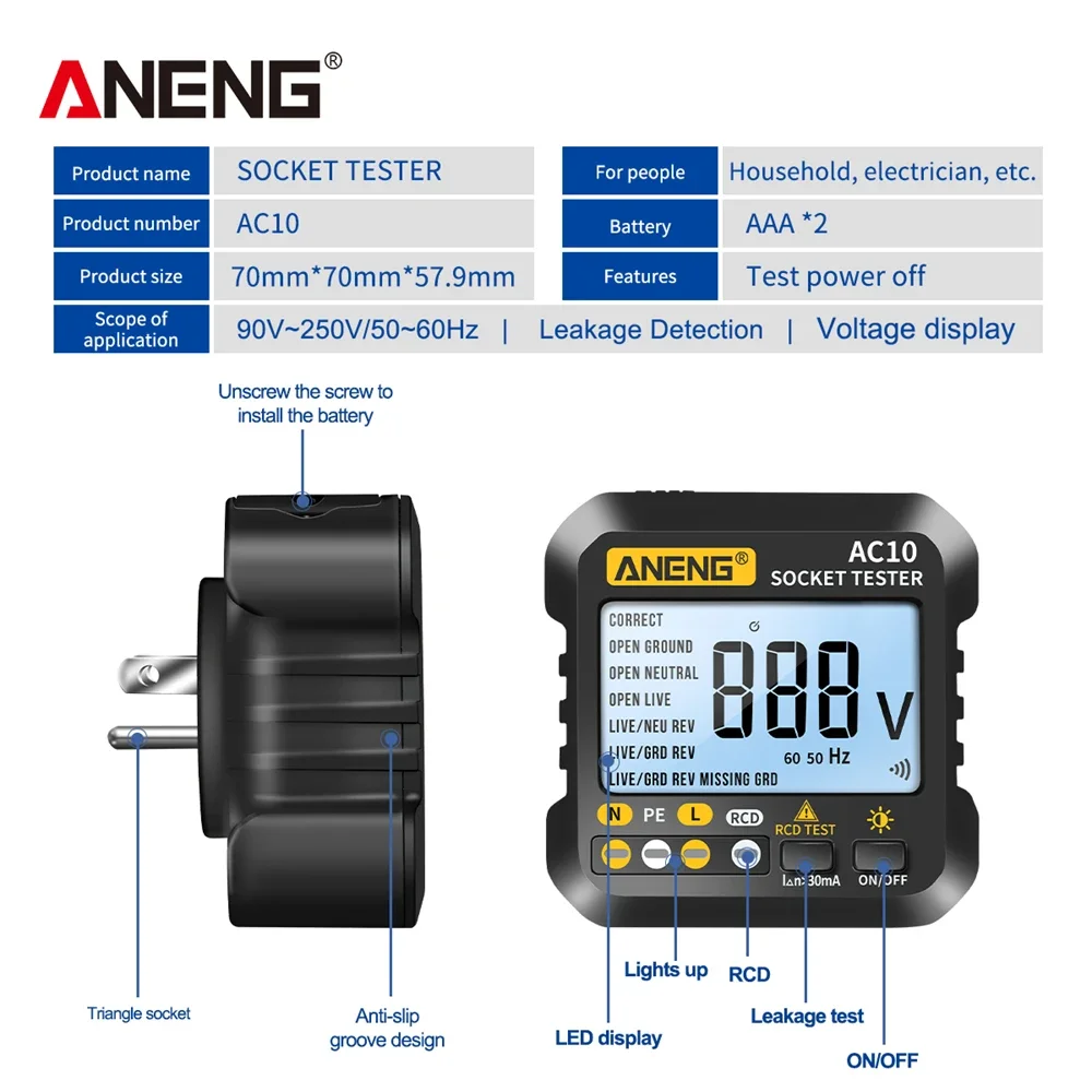 Aneng AC10 Socket Tester Plug Detector Nul Lijn Plug Polariteit Fase Controleren Fase Detector Us/Eu Plug Multimeter Digitale tester