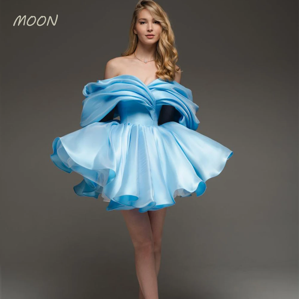 Moon Short ball dress Blue off-the-shoulder above knee satin formal evening dress Girls Pleated ball cocktail party dress