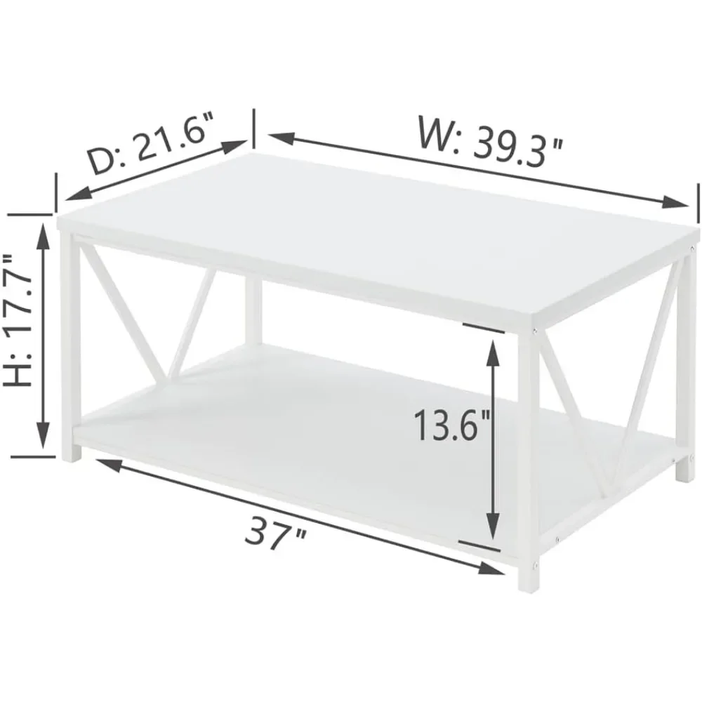 Rustic Coffee Table, Modern Living Room Table with Storage Shelf, White Oak