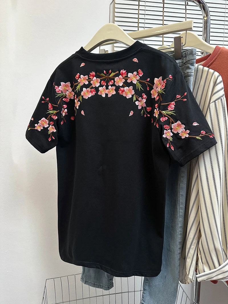 Camiseta Extra Grande de 300 Pou, Súper Hermosa y Única, Camiseta Holgada con Bordado Pesado para Mujer, para el Verano de 2024