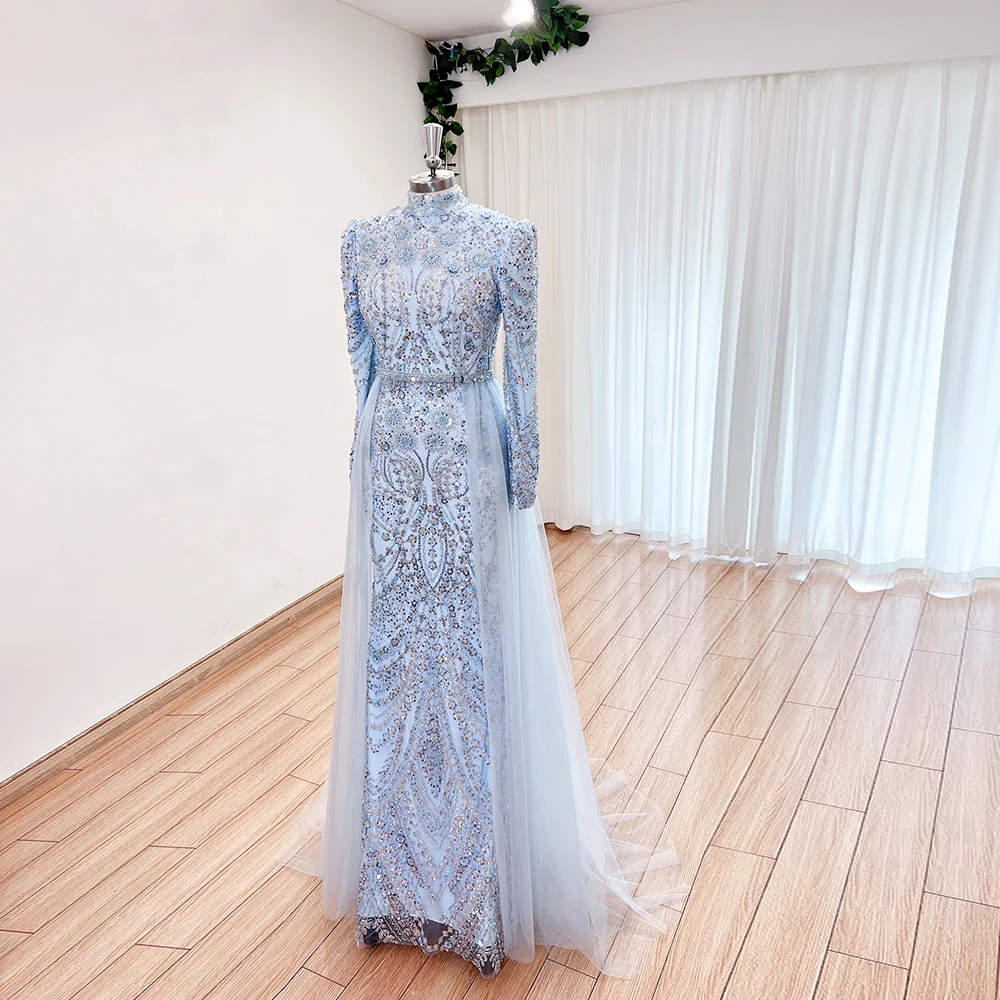 Elegant Muslim Evening Dress for Women Detachable Train 2024 Long Sleeves Bead Mermaid Formal Prom Wedding Party Gown Customized