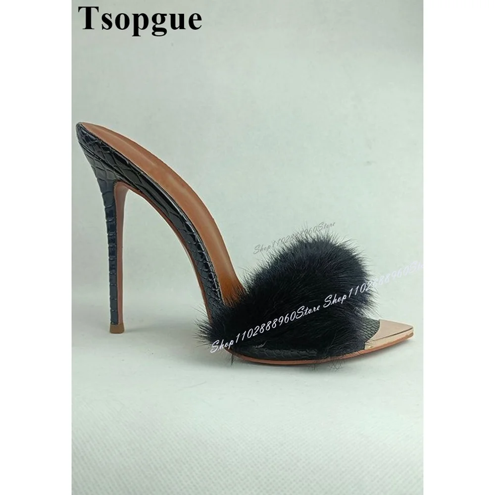 Sexy Black Fur Decor Graceful Slippers Cut Heel Thin High Heel Women Shoes Slip On Peep Toe 2024 Fashionable Zapatos Para Mujere