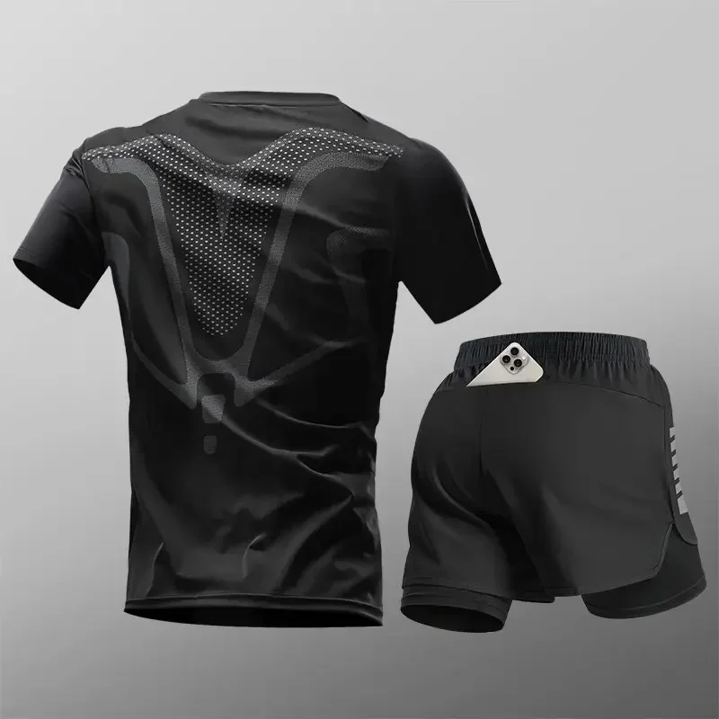 

Men's Professional Marathon Training Set Summer Quick Dry Running Gear Short Sleeve T-Shirt & Shorts Gym Suit Sport Homme