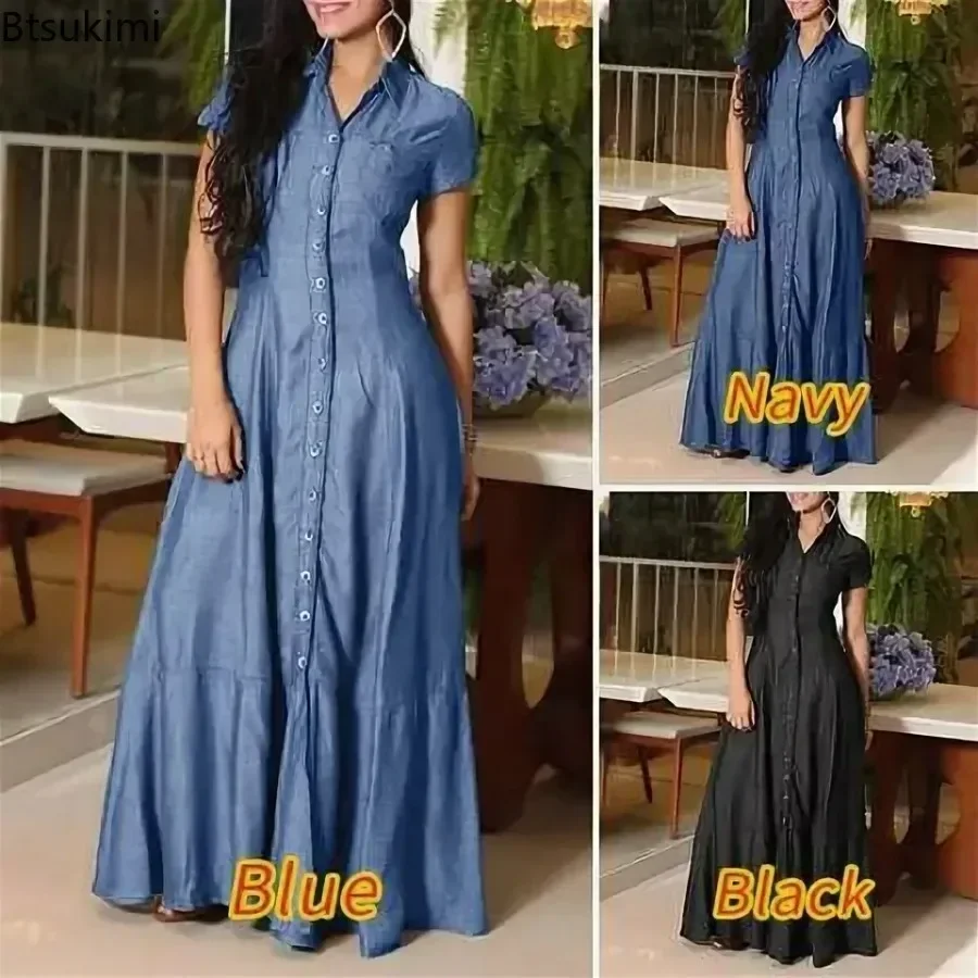 

2025 Women's Short Sleeve Denim Dress Pockets Design Loose Big Swing Women Clothing Elegant Casual Solid Long Dresses Plus Size
