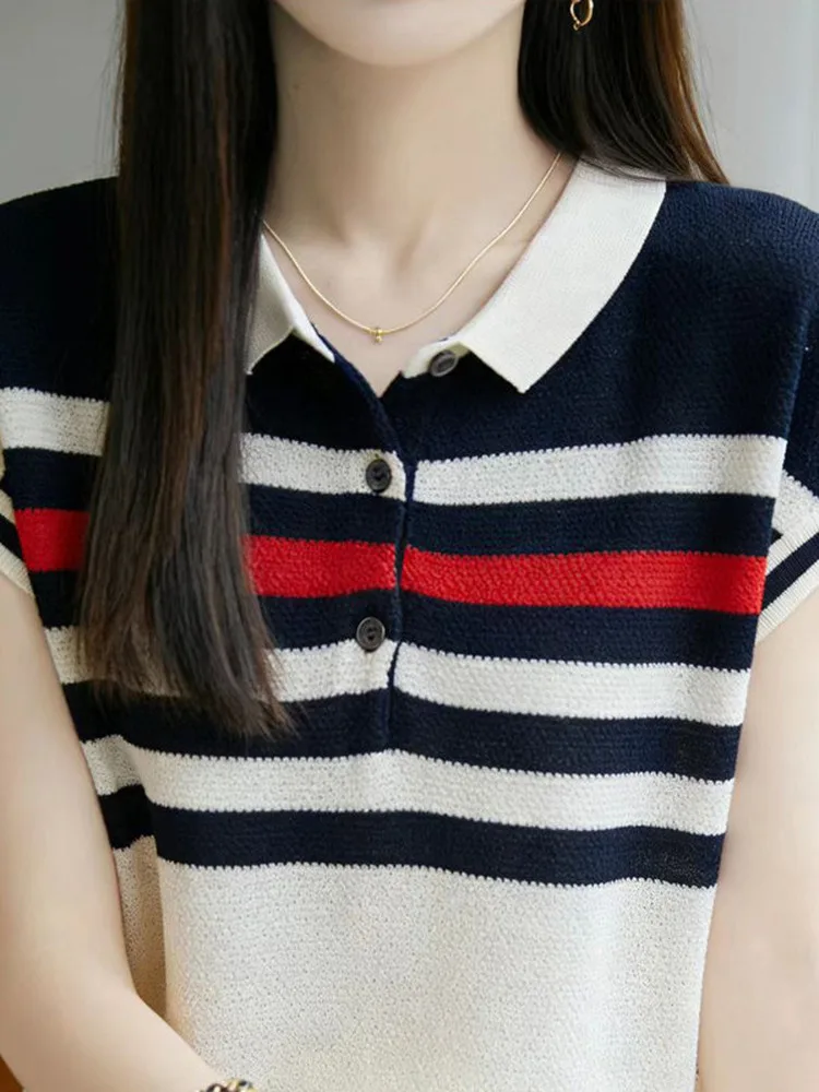 Color Block  Neck Ice Silk Knitted Short Sleeve T Shirt Women Summer Thin Breathable Loose Flying Sleeve Top