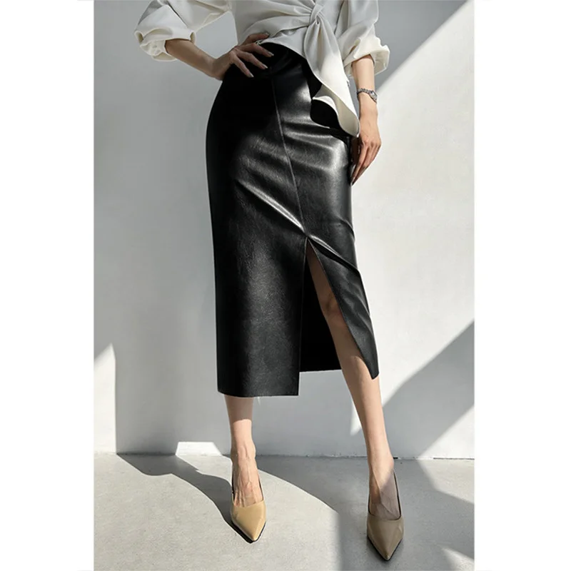 Leather Skirt Skirt Women2024New Autumn and Winter High Waist Korean Style Commuter Split Mid-Length Straight One-Step Hip Skirt