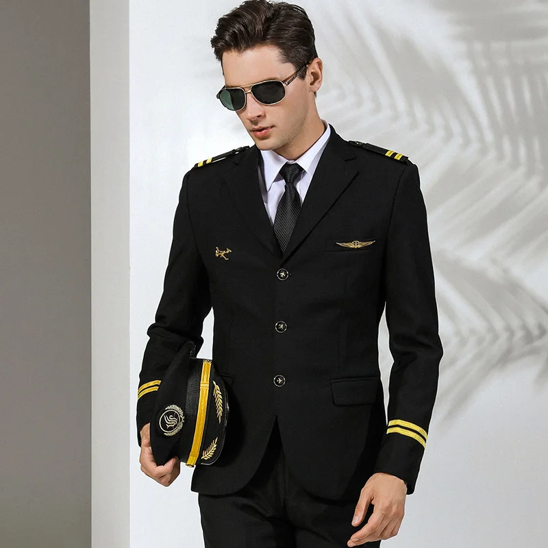 Pilot Uniform Jacket Captain Piloto Avion Airline Uniform Senior Annual Meeting Dress Suit Tops Coat Flight Attendant Men