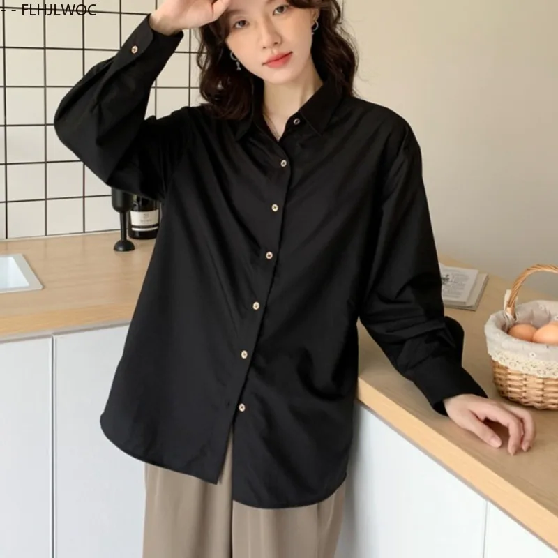 韓国スタイルカジュアルボタンダウンシャツオフィスレディ女性仕事シングルブレストベーシックソリッドエレガントなフレンチデザインブラックシャツ