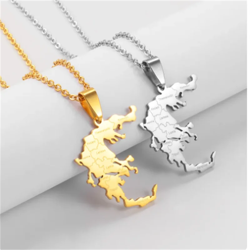 Anniyo Greece Map With Cities Name Pendants Necklaces Women Men Steel Color /Gold Greek Jewelry Patriotic