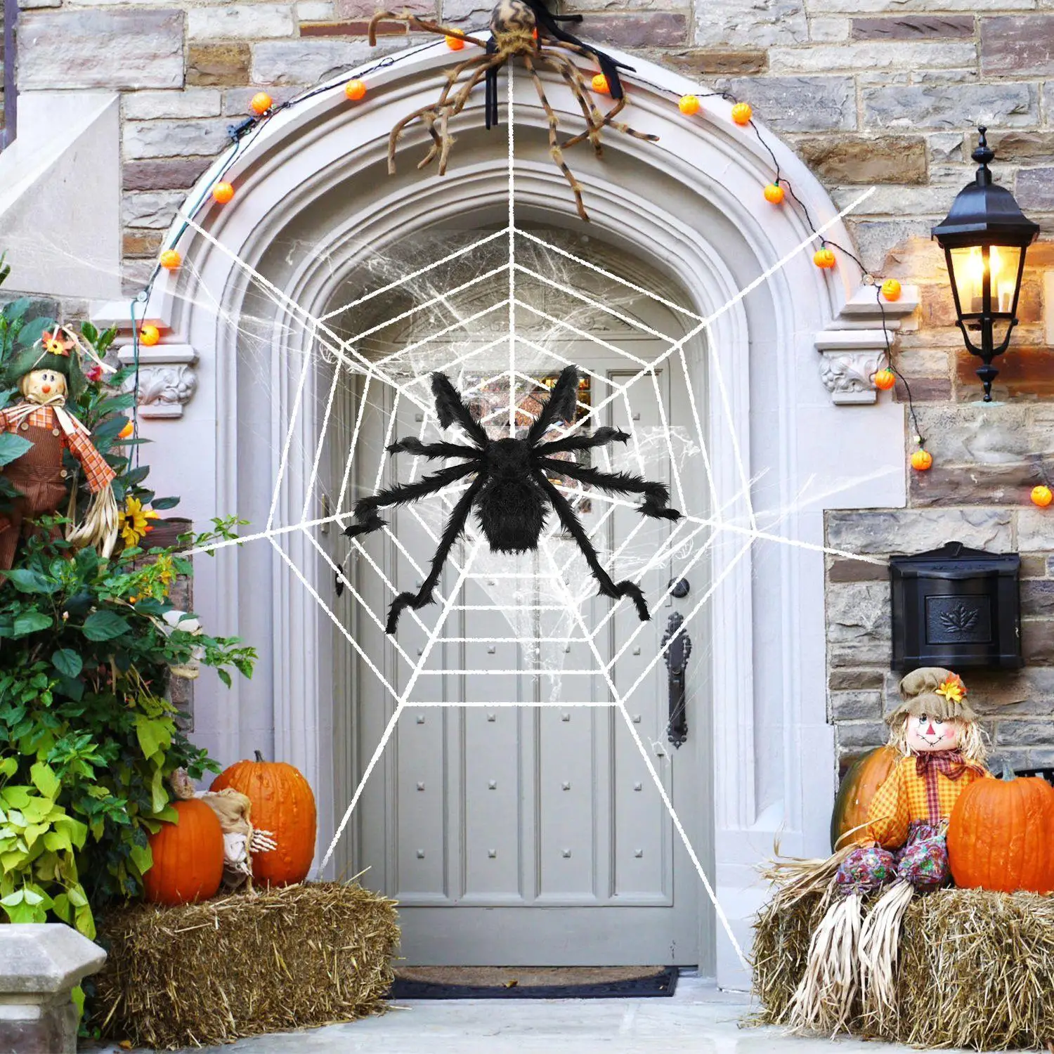 49in Halloween Spider Decoration with 126in Poseable Web - Scary Outdoor Yard Creepy Decor