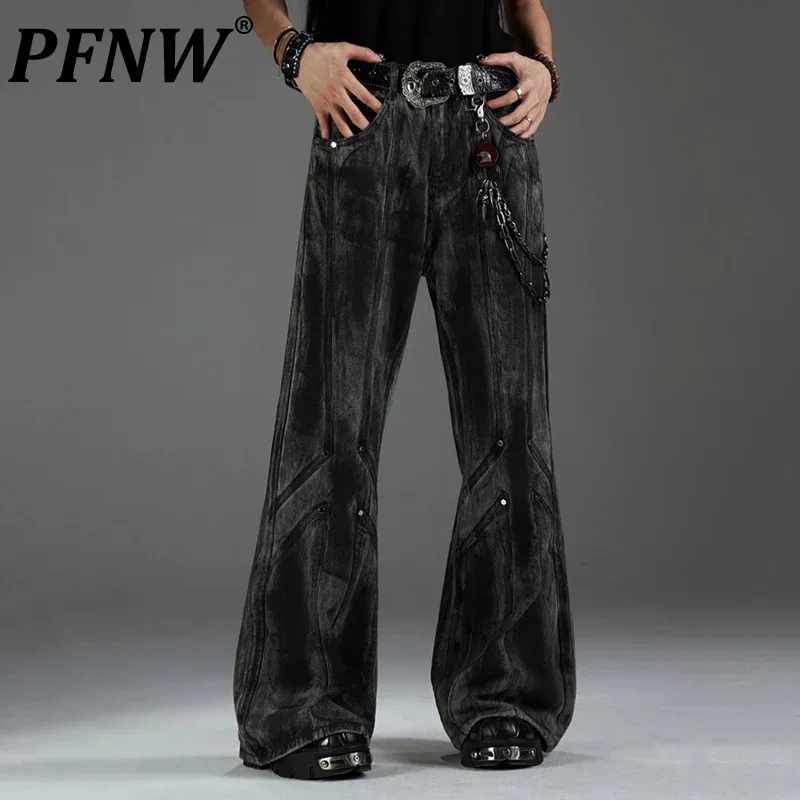 PFNW Dirty Dye Line Structure Rivets Jeans Slim Fit Print Micro-large Pants Personality Black Denim Long Pants Trousers 28W5334