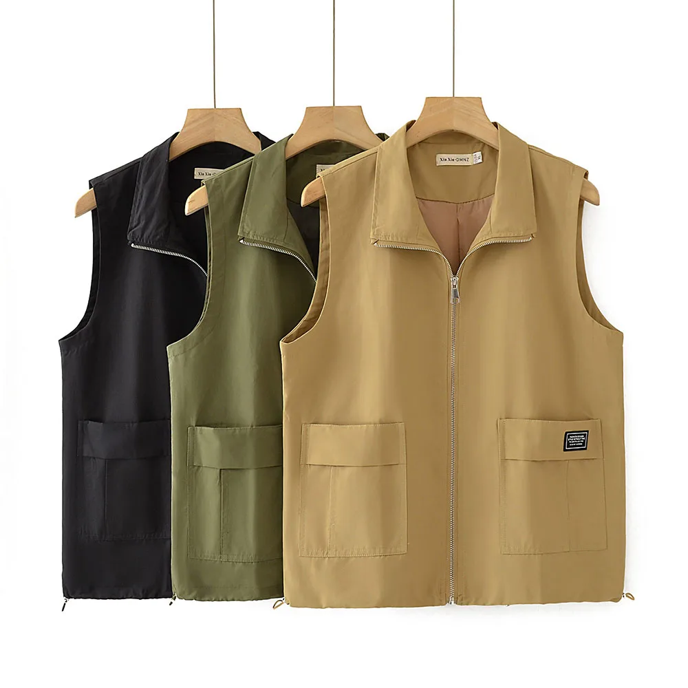 New Women Casual Cargo Vest Zip Up Sleeveless Jacket With Multi Pockets Ladies Solid Color Lightweight Outdoor Waistcoat