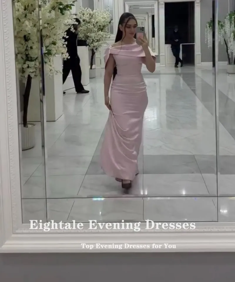 Eightale Arabic Evening Dress Scoop Customized Satin Pink Floor Length Pleats Mermaid Prom Wedding Party Gowns