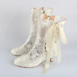 Venus Lure Customized 5.5CM Ribbon Tie Embroidery Lace Boots for Wedding Bride Short Heel Mid-calf Bridal Shoes Boots