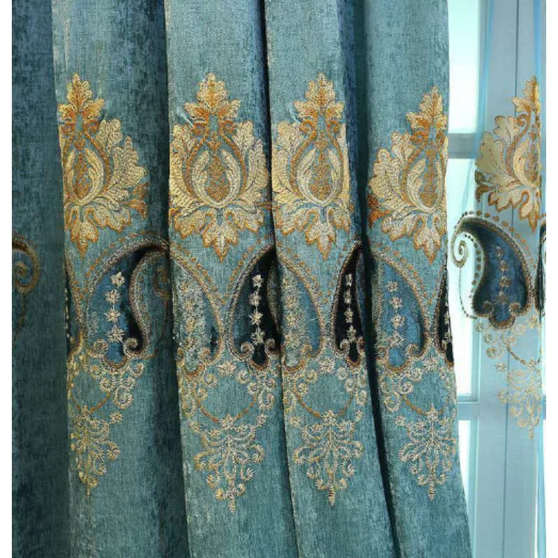 Little Pepper High-end European Style Luxury Blue Embroidered Thickened Curtains Living Room Bedroom Balcony Curtains
