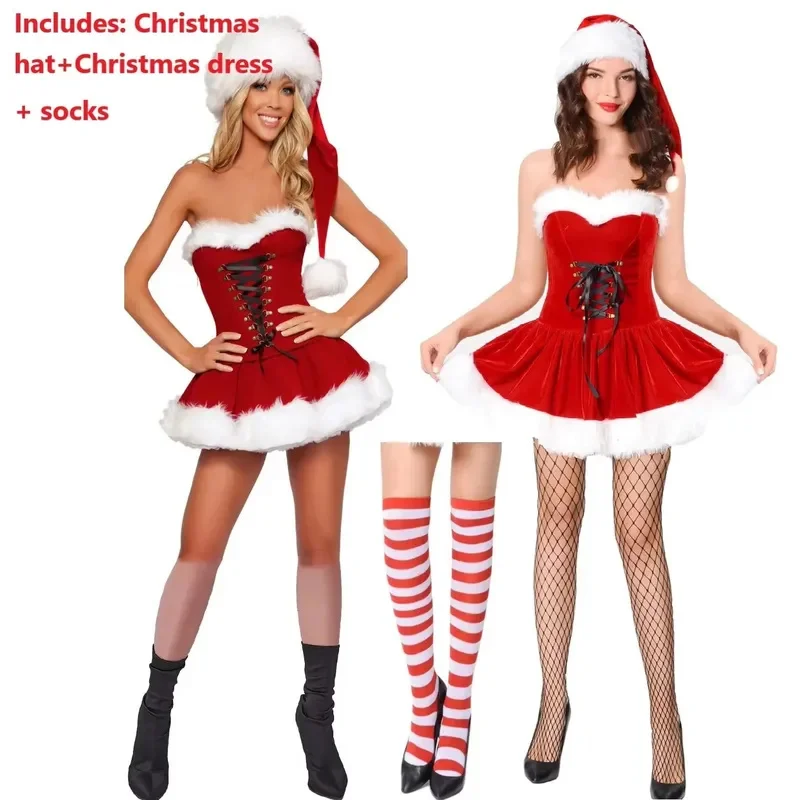 2025 أزياء عيد الميلاد النسائية تناسب حفلة عيد الميلاد فستان مخملي أحمر مثير زي سانتا كلوز للبالغين #2