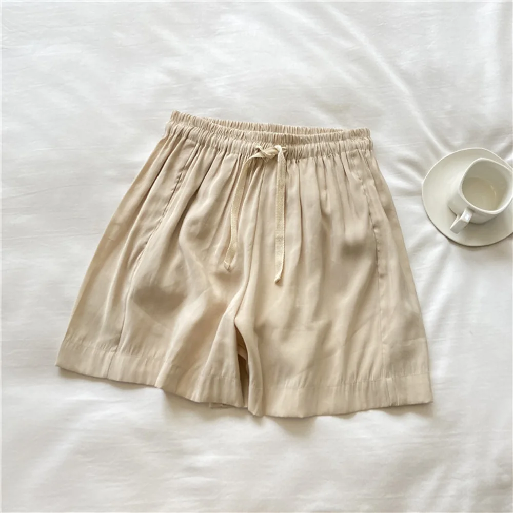 Women's Silk Satin Fabric Shorts Summer Thin High Waistband Elastic Drawstring Lace Up A-line Shorts Versatile Pajama Shorts