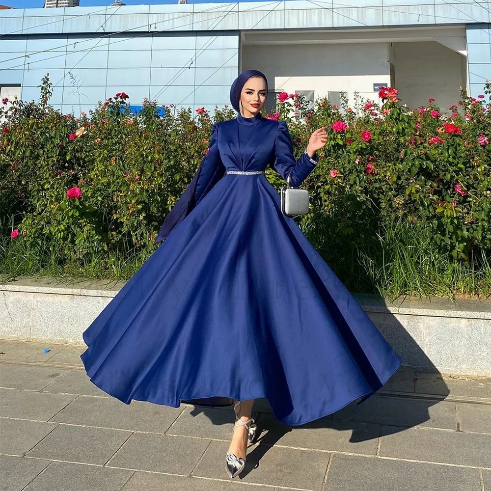 Customized Blue Muslin Evening Dresses Full Sleeve Ankle Length Prom Gowns with Belt 2024 Summer New Summer Robe De Soirée 2025