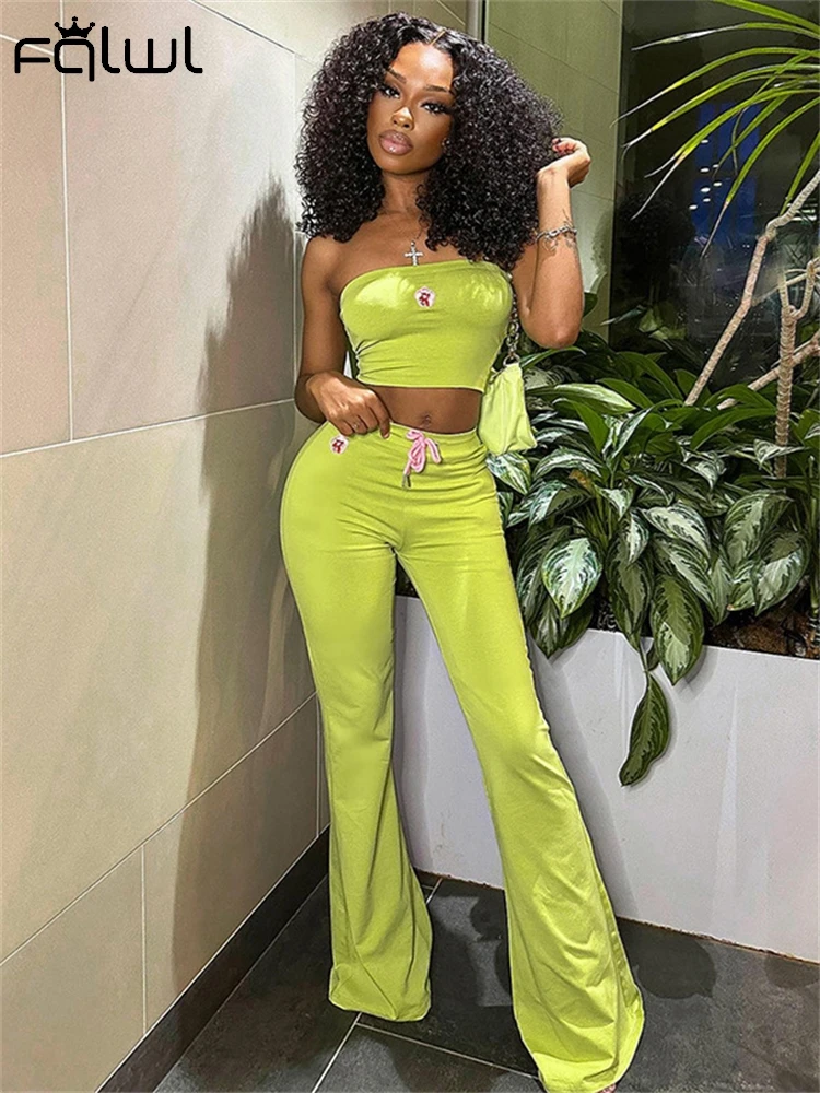 

Habbris Summer Trend Green Embroidery Strapless 2 Piece Set Party Club Outfits Women 2024Y2K Fashion Bodycon Tube Tops Pants Set