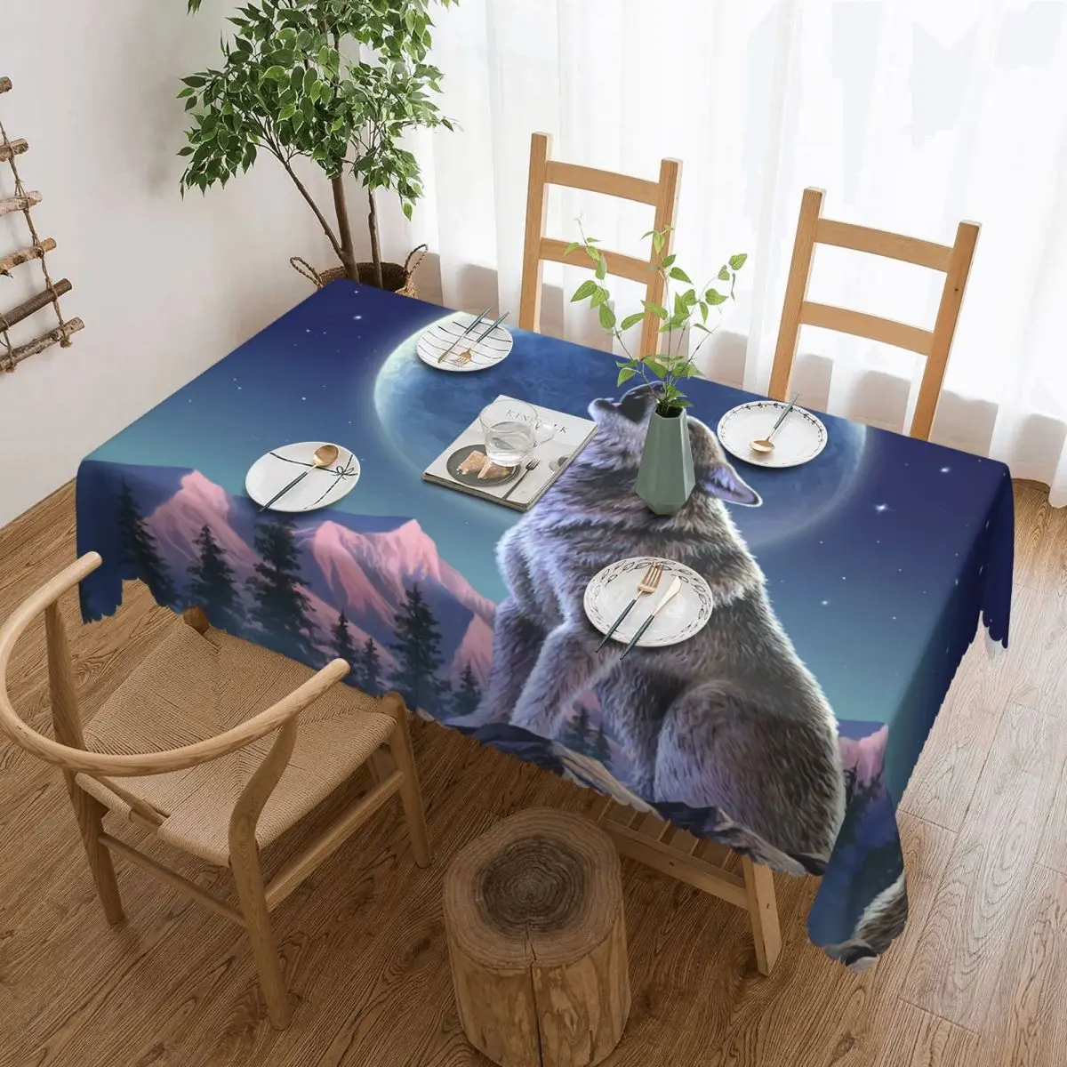 

Rectangular Fitted Wolf Moon Table Cloth Waterproof Tablecloth Outdoor 40"-44" Table Cover