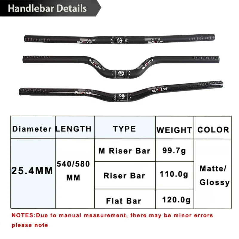 BUCKLOS Carbon Handlebar 25.4mm Bicycle Flat Bar Ultralight Riser Bar for Mountain Folding Bike 540mm 580mm Mtb Short Handle Bar