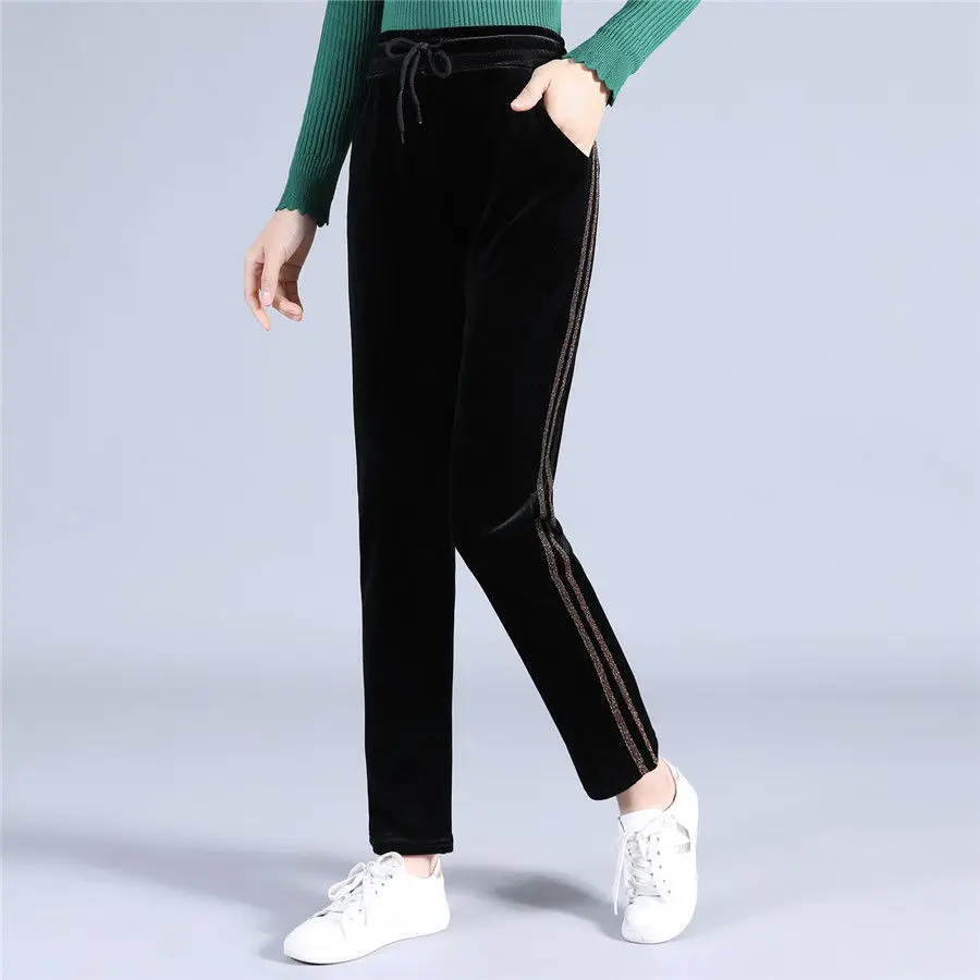 Side Stripe Bright Line Decoration Golden Velvet Comfortable Women Pants Drawstring Waist Black Loose Leisure Plus Size Flexible