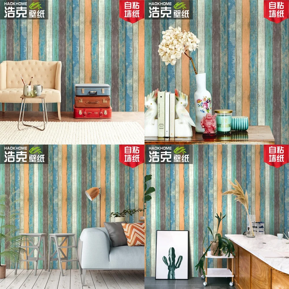 Mediterranean Vertical Stripe Self Adhesive Wood Grain Wallpaper Retro Nostalgic Plank Living Room College Dorm Background Wall