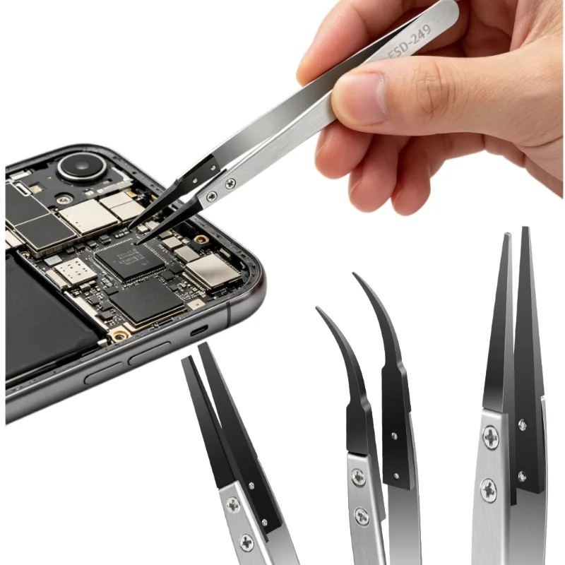 Heavy Duty ESD Tweezers Anti Static Precision Clips Straight Curved Thick Non Slip Design Low Thermal Conductivity Electronics