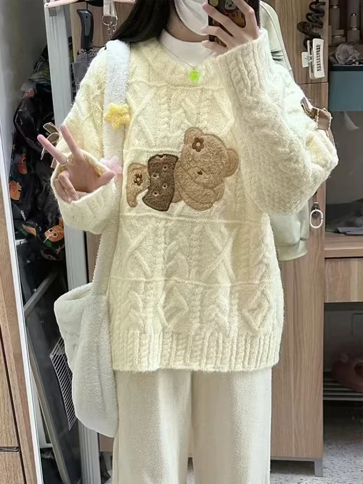 Pull Jacquard ours mignon pour femme, pulls décontractés à col rond, vêtements Kawaii, style japonais, automne, hiver