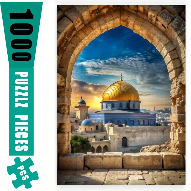 1000 Stück Dome of the Rock Jerusalem Skyline Puzzle – Blaue und goldene Sonnenuntergangszene, herausforderndes Puzzle für Erwachsene für die Familie Bon