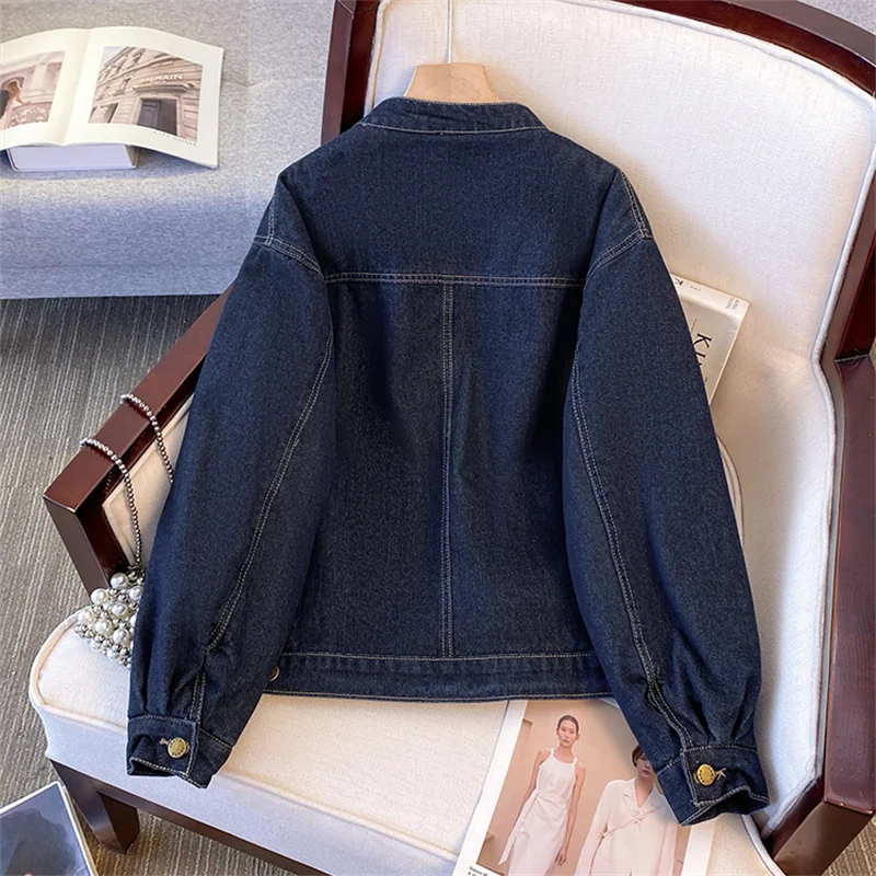 Autumn Winter Women Thick Warm Cotton Liner Denim Jacket Big Pocket Stand Collar Single-Breasted Long Sleeve Cowboy Outerwear