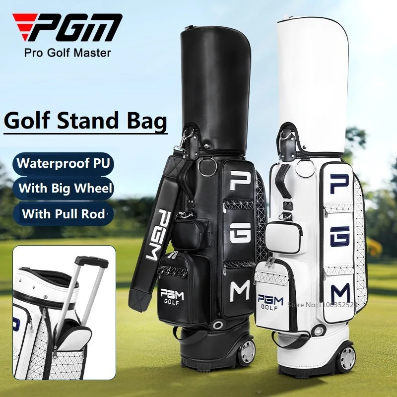 PGM Women Men PU Leather Golf Stand Bags Waterproof Golf Standard Ball Bags with Wheel Ultra-Light Golf Pack with Shoulder Strap